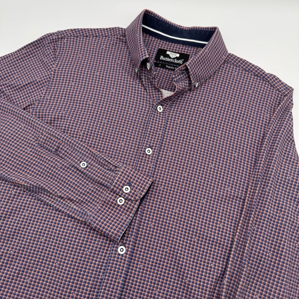 Buttercloth Shirt Mens Large Blue Orange White Check Plaid Cotton Button Up